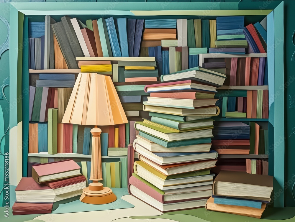 Colorful Book Shelf with Lamp and Stacked Books in Artistic Design Colorful Book Shelf with Lamp and Stacked Books in Artistic Design