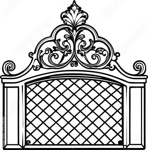 Ornate wrought iron gate design with intricate floral pattern and elegant arch detail