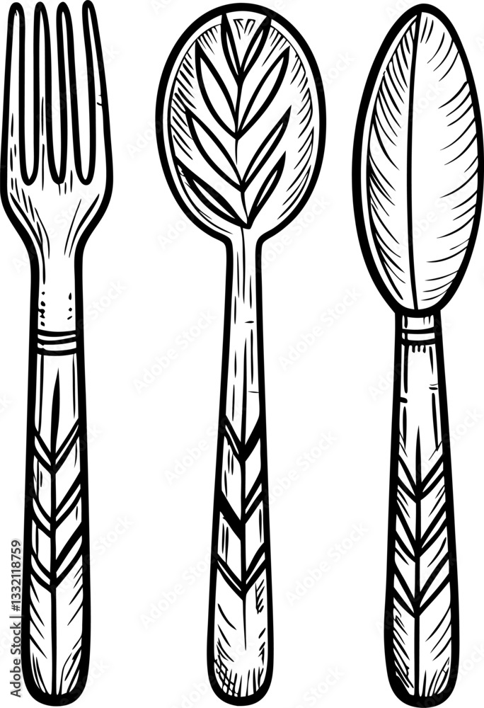 Fototapeta premium Hand drawn cutlery art fork, spoon, knife with intricate leaf patterns