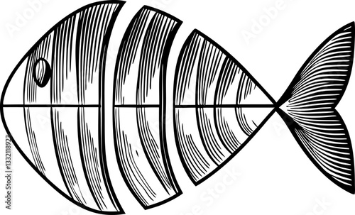Geometric fish, monochrome sketch simplistic abstract aquatic design, line art pattern