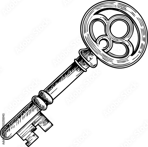 vintage skeleton key illustration with ornate design antique lock, black and white sketch