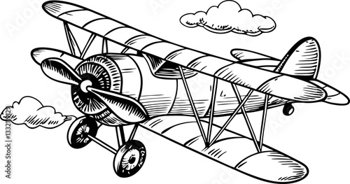 Vintage biplane illustration with clouds, classic aviation art, retro aircraft drawing