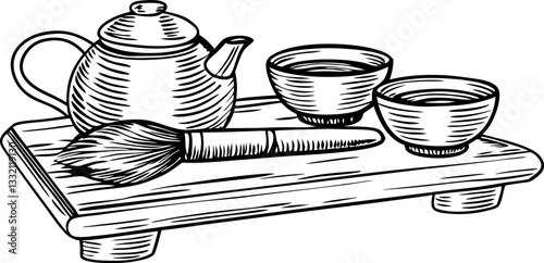 traditional tea set on wooden tray with teapot, cups, and brush for cultural ceremony illustration