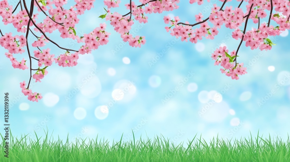 Obraz premium Pink cherry blossoms are blooming in a lush green meadow on an Easter morning with a spring sunrise backdrop