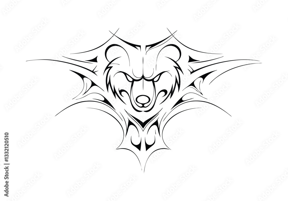 Obraz premium Tribal Bear Head Tattoo – Black and White Vector Illustration with Bold Tribal Art