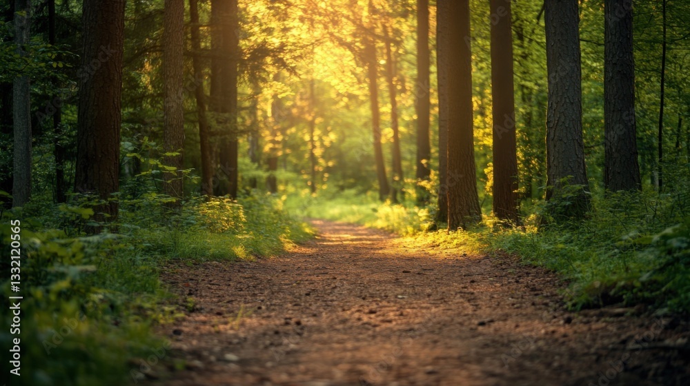 Fototapeta premium Golden sunlight illuminates a tranquil forest path, evoking peace and natural harmony.