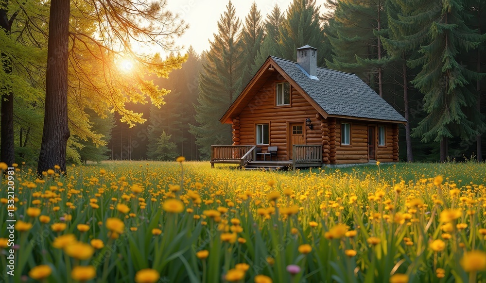 Rustic Log Cabin Under Vernal Equinox Sunlight in Vibrant Flowers. A log cabin sits in a field of yellow flowers. Rustic Log Cabin Under Vernal Equinox Sunlight in Vibrant Flowers. A log cabin sits in a field of yellow flowers.