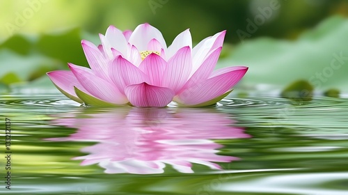 Beautiful pink lotus flower floating on the reflective water surface