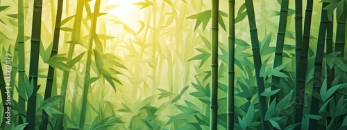 Lush Bamboo Forest with Sunlight Filtering Through Green Leaves