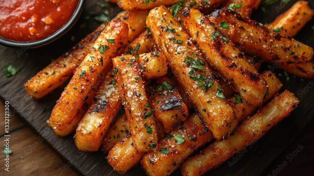 A creative flat lay of chicken fries topped with grated Parmesan and parsley, served with a side of marinara sauce A creative flat lay of chicken fries topped with grated Parmesan and parsley, served with a side of marinara sauce