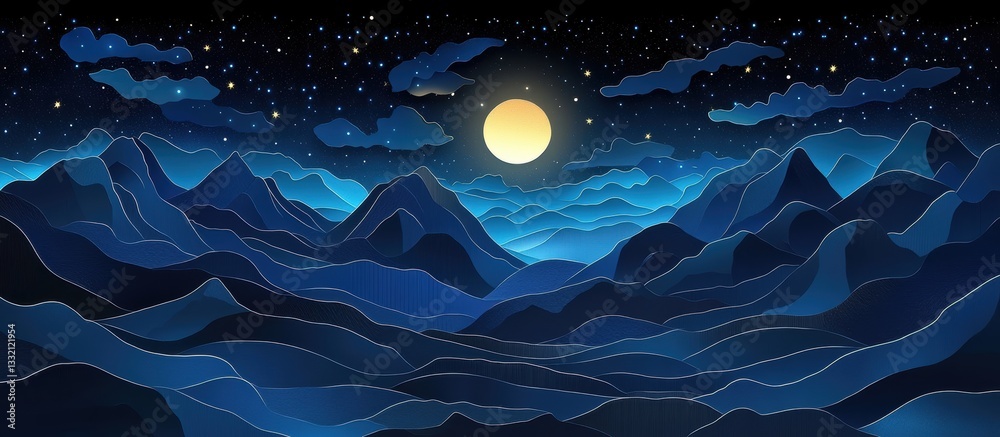 Obraz premium Serene Blue Mountain Landscape Under Starry Night Sky with Moon