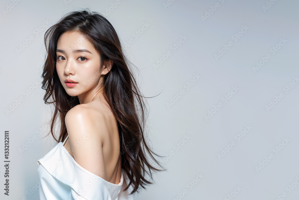Young Japanese woman looking back in open-shouldered and backless clothing, AI generated Young Japanese woman looking back in open-shouldered and backless clothing, AI generated