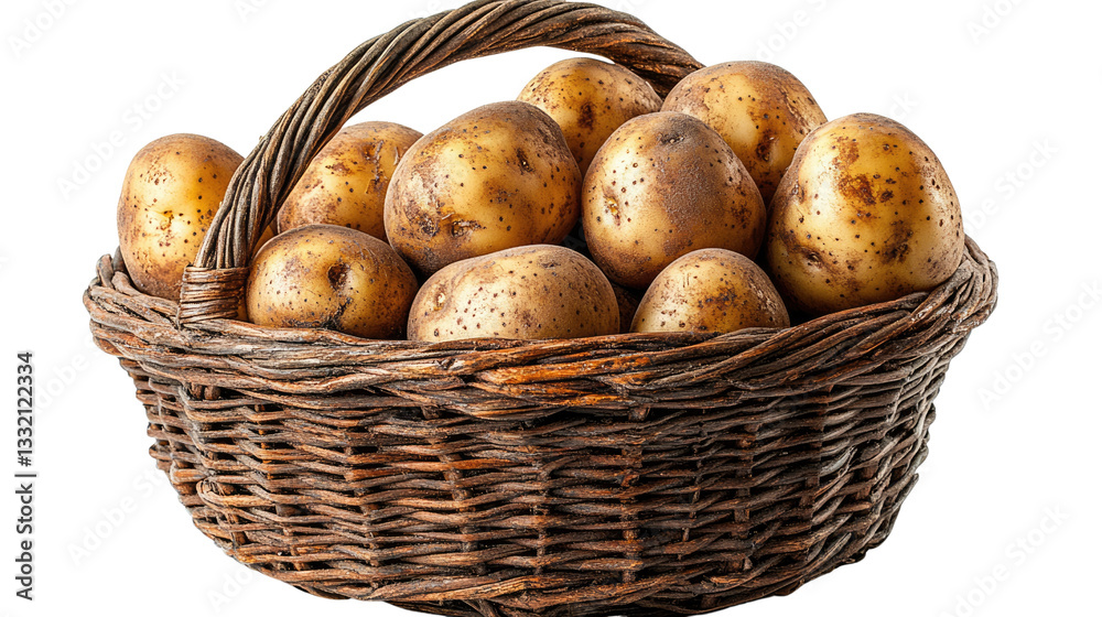 Rustic Potato Bounty: A wicker basket overflows with freshly harvested potatoes, showcasing their earthy tones and textured skins, symbolizing the simple abundance of nature's harvest. Rustic Potato Bounty: A wicker basket overflows with freshly harvested potatoes, showcasing their earthy tones and textured skins, symbolizing the simple abundance of nature's harvest.