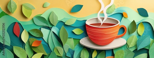 Paper Cut Style Art of Tea Cup Surrounded by Colorful Leaves