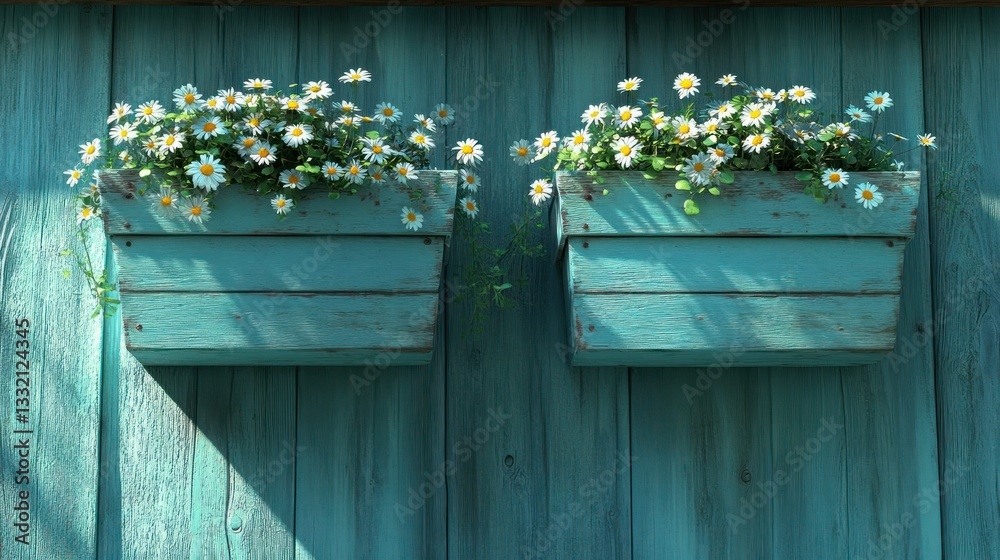 Two rustic teal wooden planters, filled with white flowers, hang on a teal wooden wall Two rustic teal wooden planters, filled with white flowers, hang on a teal wooden wall