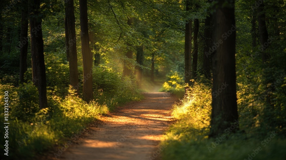 Obraz premium Golden sunlight illuminates a tranquil forest path, evoking peace and natural harmony.