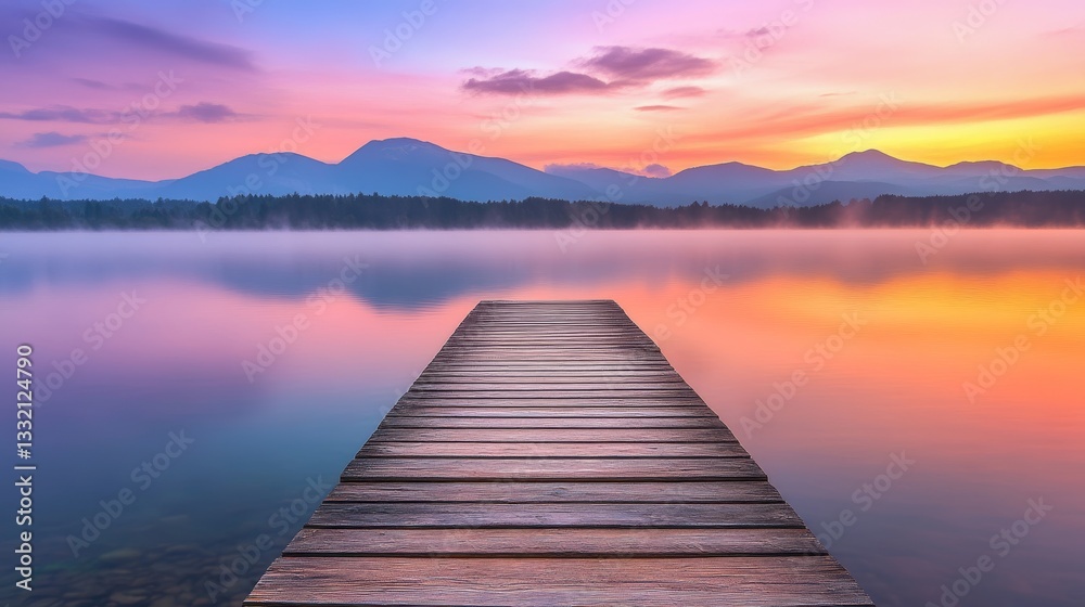 A serene and peaceful rectangular lake dock at sunrise, surrounded by fog and calm water, embodies the perfect nature-inspired relaxing wallpaper A serene and peaceful rectangular lake dock at sunrise, surrounded by fog and calm water, embodies the perfect nature-inspired relaxing wallpaper