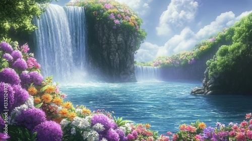 Idyllic landscape featuring a fantasy waterfall surrounded by trees and vibrant flowers