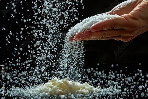 Hand sprinkling salt on black background.