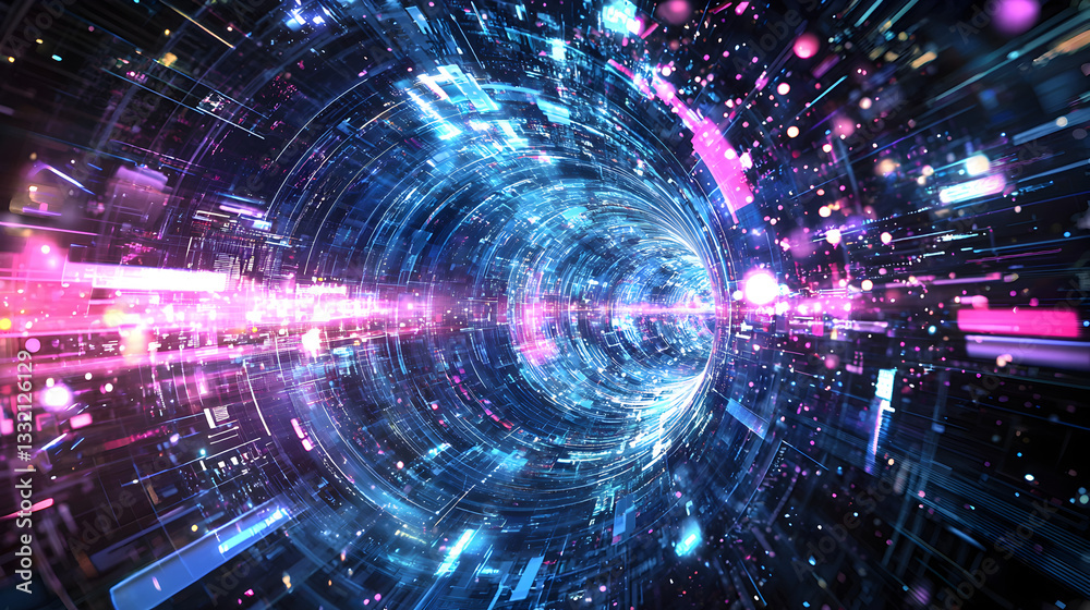 Obraz premium Dynamic digital tunnel journey virtual space abstract art neon environment frontal view futuristic concept