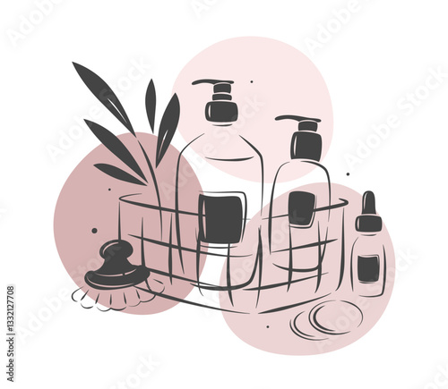 Natural cosmetic products in bottles, tubes. Set of skincare products. Logo for a cosmetics store for body and hair care or beauty salon, spa. Vector illustration