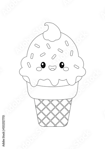 Cute kawaii ice cream coloring page for kids. Adorable vector outline of a smiling ice cream cone, perfect for fun and creative activities. Black and white, hand-drawn and easy to color.