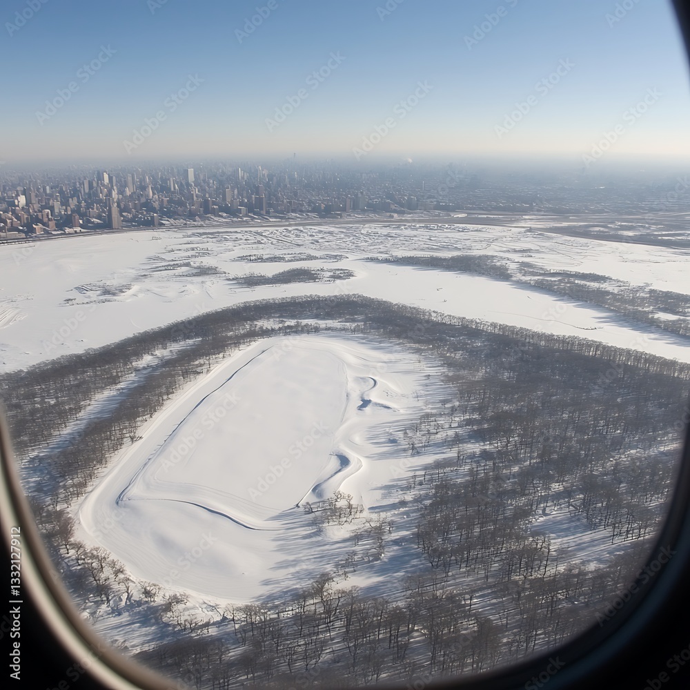 Obraz premium Aerial view of a snow covered landscape with city buildings