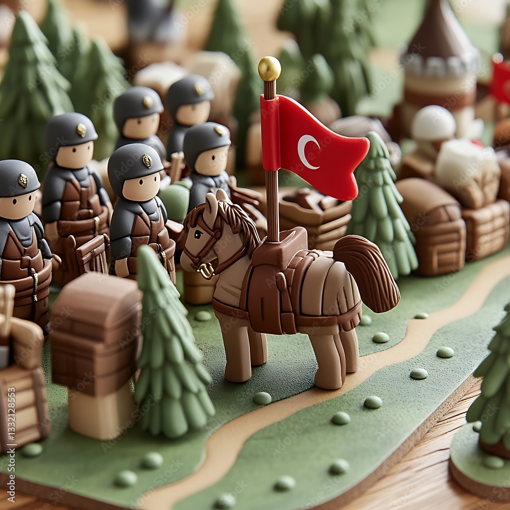 Fototapeta premium Miniature toy soldiers and a horse model depict a battle scene