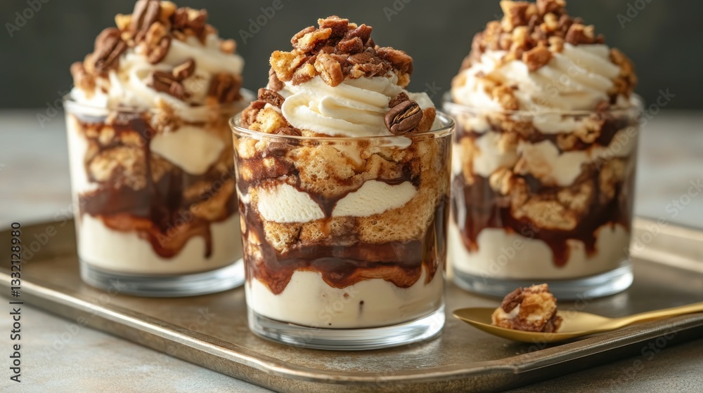 Layered dessert trifles with pecans, whipped cream, and chocolate sauce Layered dessert trifles with pecans, whipped cream, and chocolate sauce
