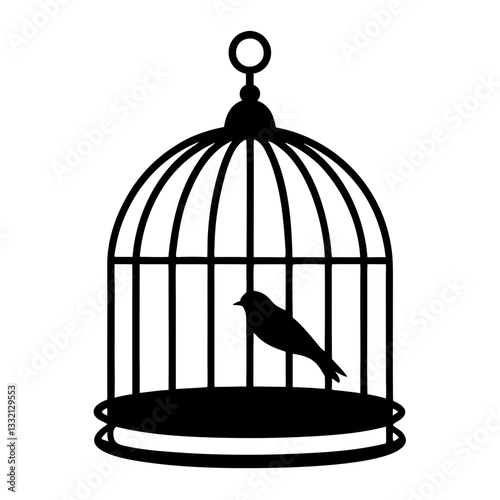 Bird in an open golden cage with a vintage design, symbolizing freedom and captivity, isolated on a white background