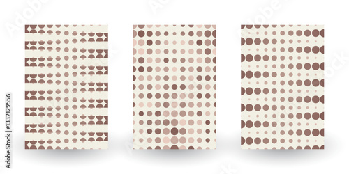 Geometric posters collection in brown and beige colors. Retro halftone backgrounds with dots and circles in coffee color scheme. Minimalist pop art posters. Abstract background set