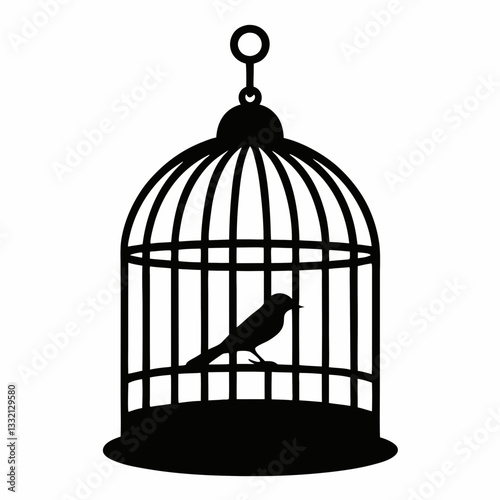 Bird in an open golden cage with a vintage design, symbolizing freedom and captivity, isolated on a white background