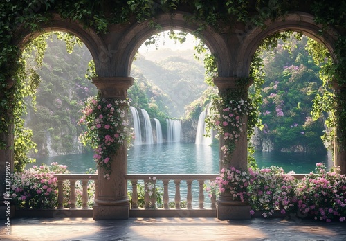 The image features a serene lake nestled in the mountains, accompanied by waterfalls, and is a 3D illustration suitable for photo wallpapers
