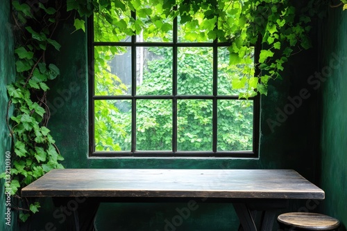 Rustic Retreat An Inviting Window with Lush Vines and a Tabletop Display Area