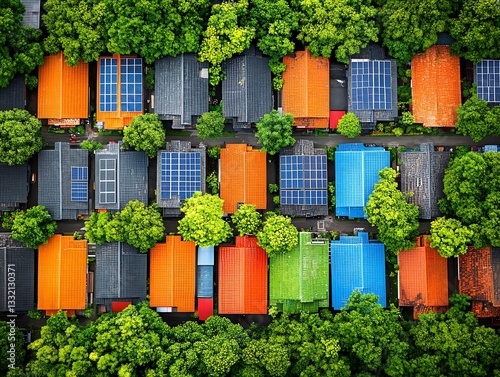 Aerial view of homes with solar panels and colorful roofs