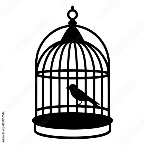 Bird in an open golden cage with a vintage design, symbolizing freedom and captivity, isolated on a white background