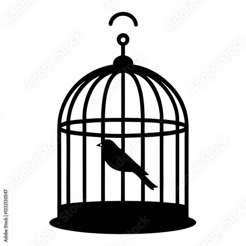 Bird in an open golden cage with a vintage design, symbolizing freedom and captivity, isolated on a white background