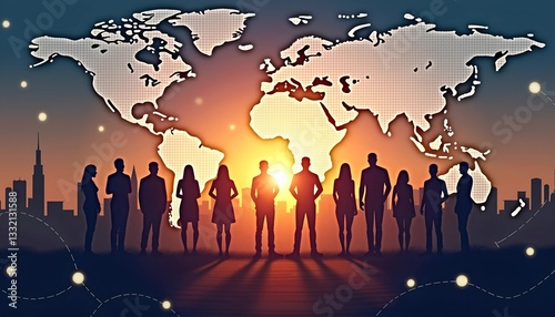 Global business structure of networking. Analysis and data exchange customer connection, HR recruitment and global outsourcing, Customer service, Teamwork, Strategy, Technology and social network