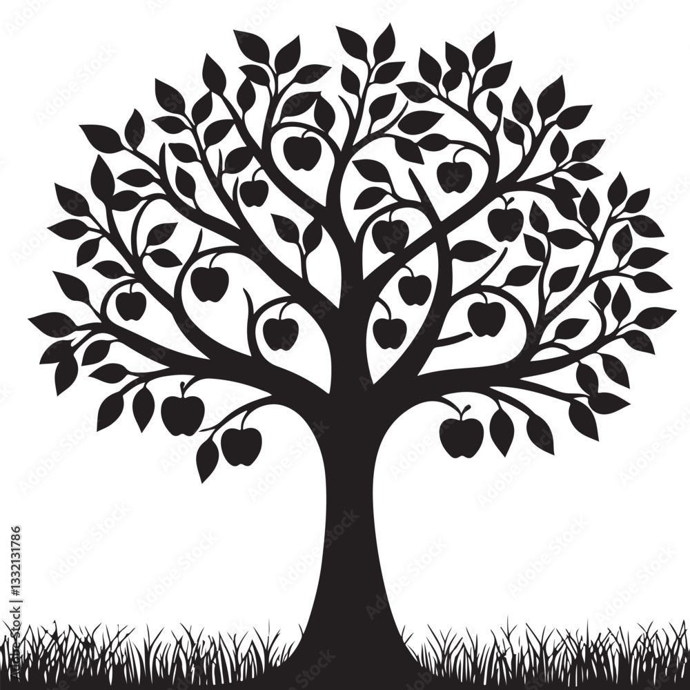 Silhouette of an Apple Tree: A detailed, symmetrical silhouette of an apple tree laden with ripe fruit, its branches and leaves elegantly rendered, standing strong against the backdrop Silhouette of an Apple Tree: A detailed, symmetrical silhouette of an apple tree laden with ripe fruit, its branches and leaves elegantly rendered, standing strong against the backdrop