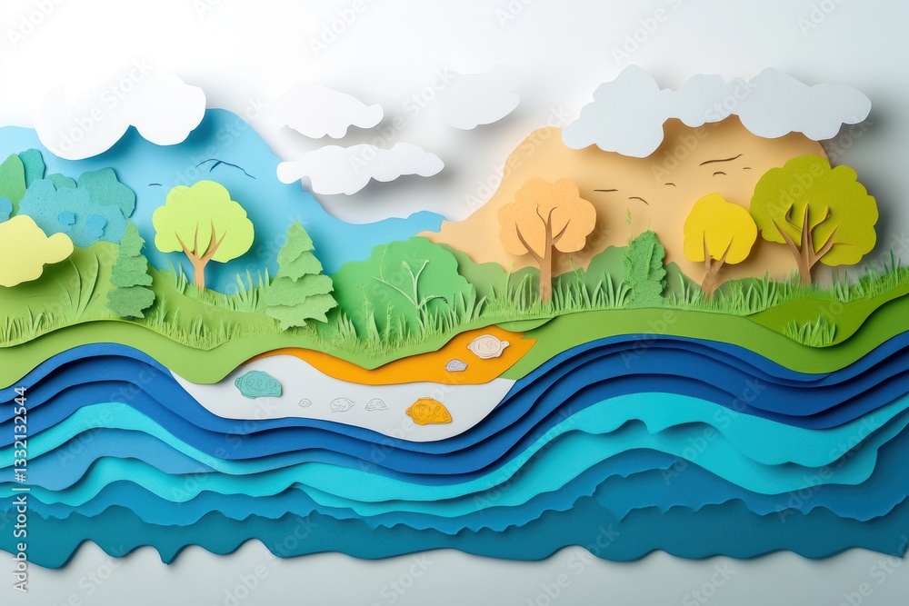 Colorful Paper Craft Landscape with Trees, River and Sky Elements Colorful Paper Craft Landscape with Trees, River and Sky Elements