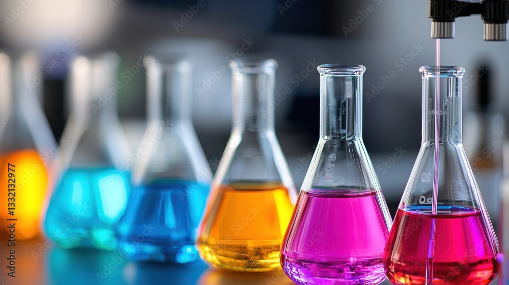 Vibrant Collection of Colorful Flasks Arranged on a Tabletop Display Vibrant Collection of Colorful Flasks Arranged on a Tabletop Display