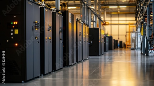 Row of Black Servers in Modern Data Center Showcasing Digital Technology