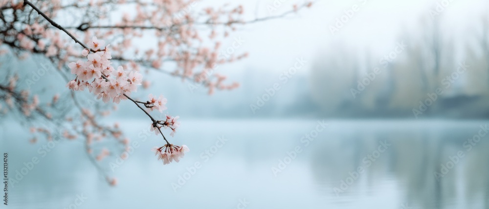 Fototapeta premium Light pink cherry blossoms emerge on a branch against a soft, misty background, capturing the delicate essence of spring.