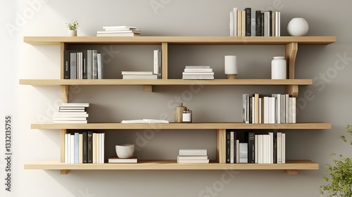 A Scandinavian-inspired bookshelf with light wood finish, floating design with clean lines, narrow shelf spacing, showcasing simple elegance and practicality 