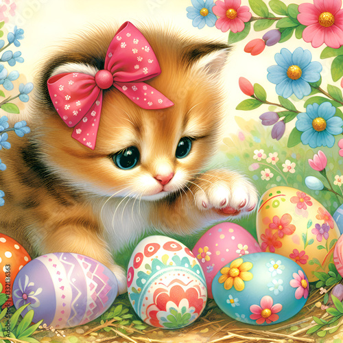 Cute kitten investigates colorful eggs surrounded by flowers in a springtime setting.