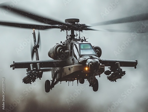 A combat helicopter is flying with its rotors spinning rapidly