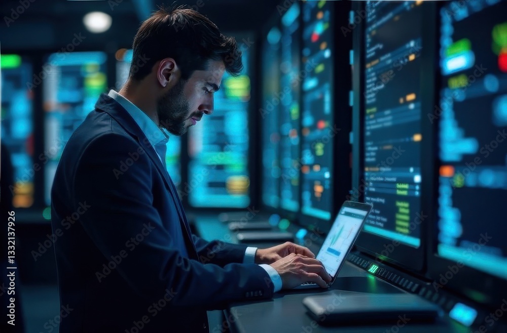 A man in formal attire is focused on his laptop in a high-tech control room filled with digital screens showcasing data analytics during evening hours. A man in formal attire is focused on his laptop in a high-tech control room filled with digital screens showcasing data analytics during evening hours.