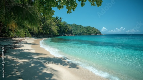 Idyllic beach scene with turquoise water  palm trees  and lush greenery under a clear sky  perfect for relaxation and nature.