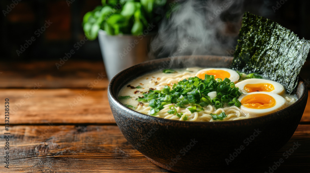 Seaweed, A steaming bowl of ramen topped with seaweed, showcasing high fidelity and vivid details. Seaweed, A steaming bowl of ramen topped with seaweed, showcasing high fidelity and vivid details.