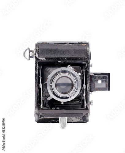 vintage folding camera on white background